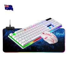 Load image into Gallery viewer, FIDBITS White NEW RGB Gaming Keyboard &amp; Mouse with RGB Large Galaxy Mouse Pad Bundle